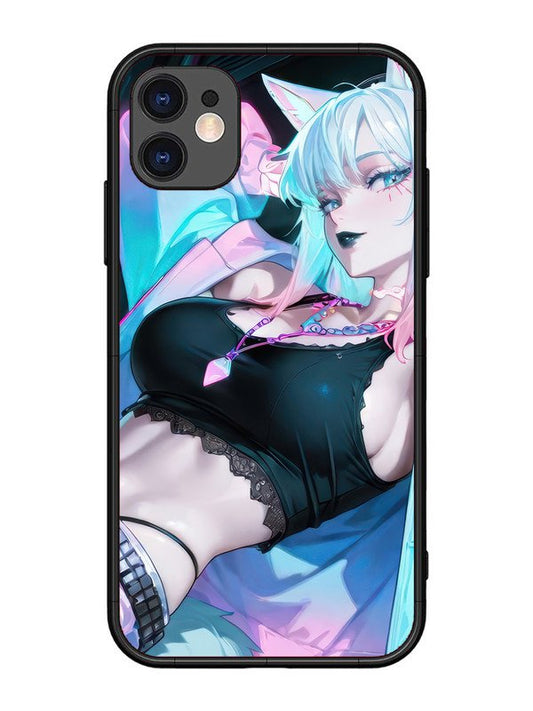 iPhone 11 anime girl fox headpohone white Hair