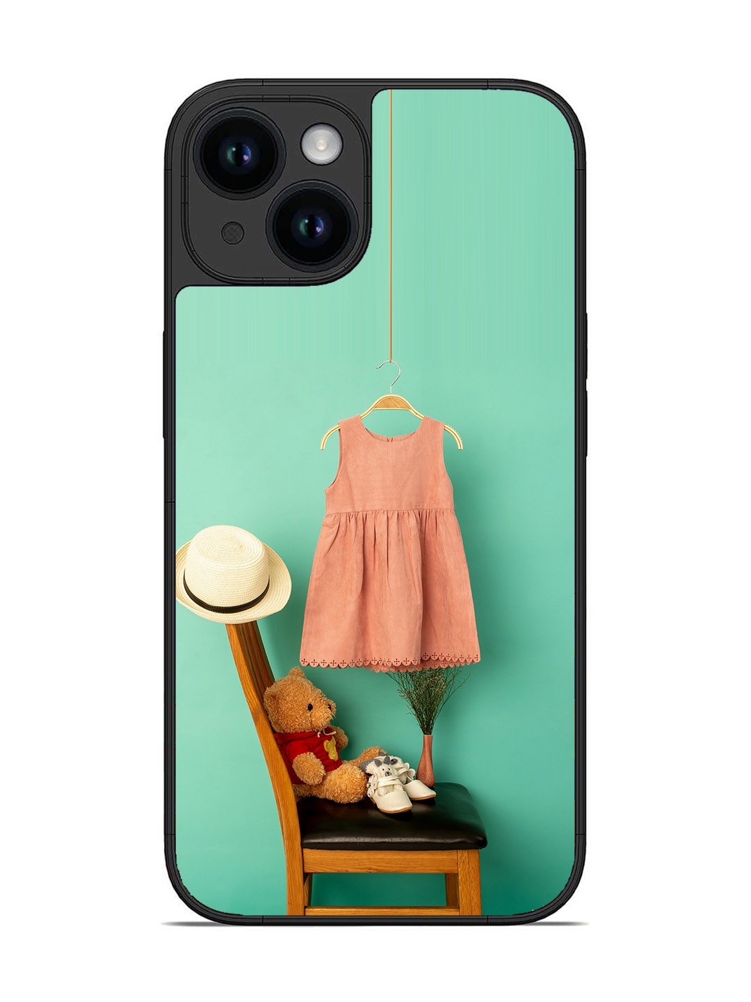 iPhone 14 Trendy dress for girl near toy bear