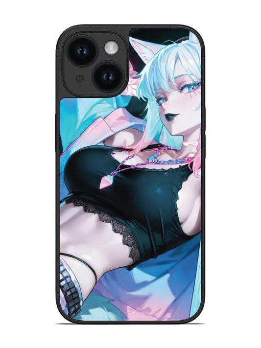 iPhone 14 anime girl fox headpohone white Hair