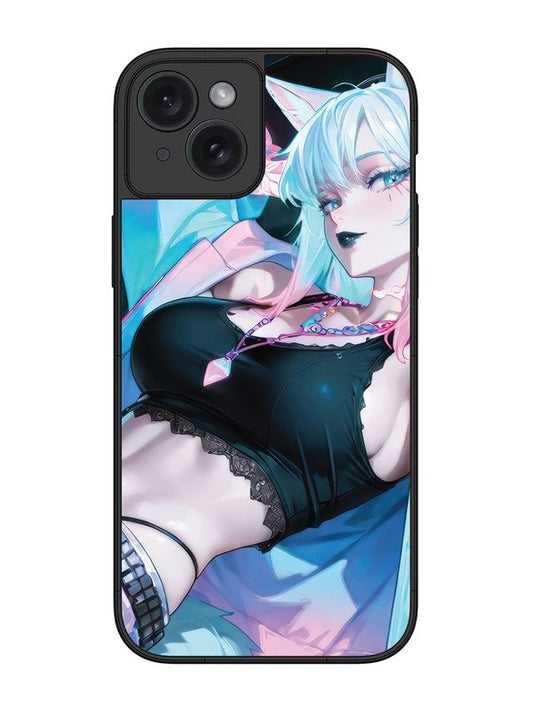 iPhone 15 Plus anime girl fox headpohone white Hair