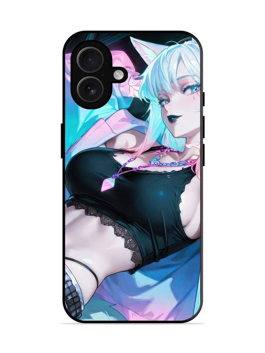 iPhone 16 plus anime girl fox headpohone white Hair