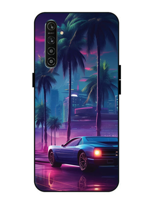 Realme XT sunset-sports-car-city-palm-trees